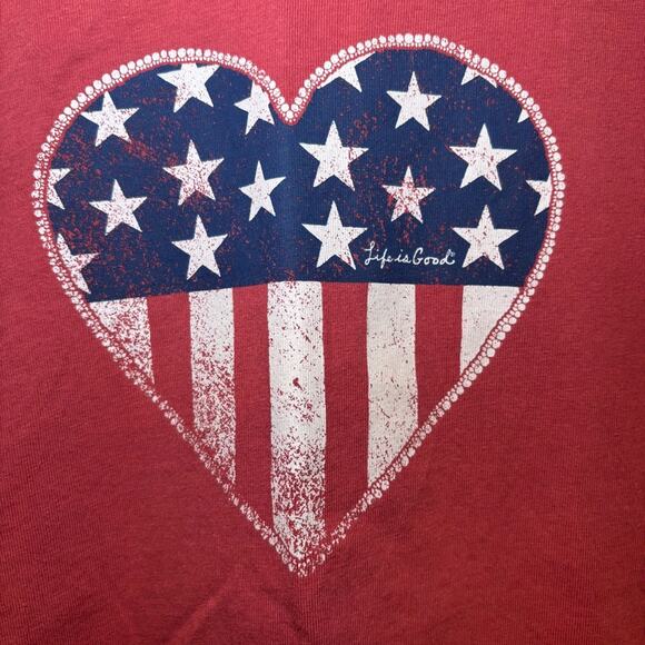 Women's Life is Good Red Blue White Heart Flag Short Sleeve Tee M - Picture 2 of 8